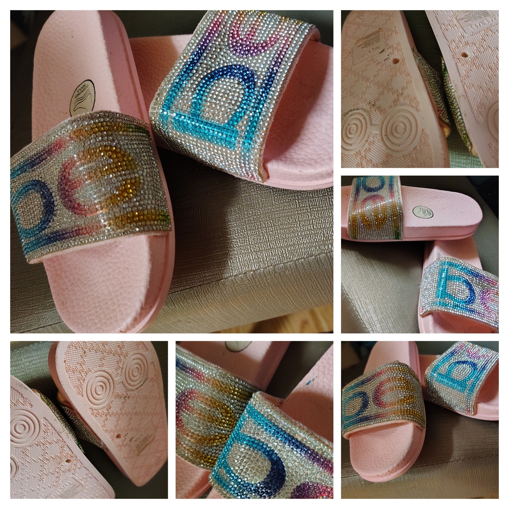 Pink Slide Sandals with Multicolor Rhinestones